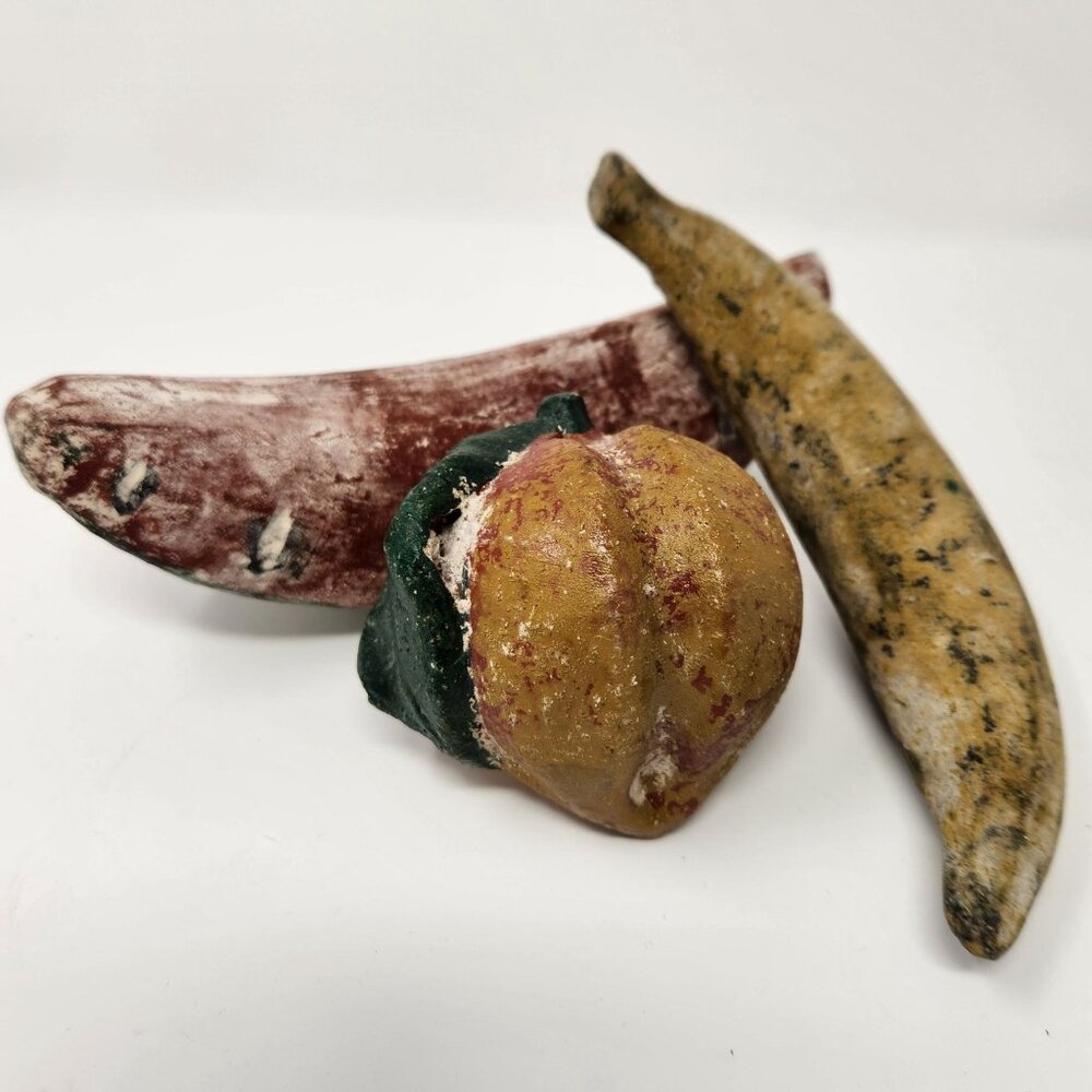 Vintage Mexican Terra Cotta Fruit Set - Watermelon, Banana, Peach - Fake Food